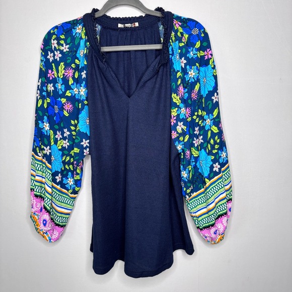Umgee Tops - Umgee Waffle Blue Blouse Size XL Bright Floral Balloon Sleeve Navy Boho